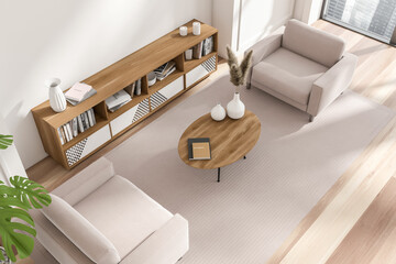 Top view of relax interior with soft seats and sideboard, panoramic window