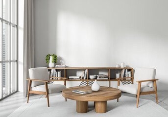 Naklejka premium Light living room interior with chairs and decoration. Mockup empty wall