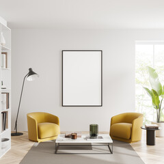 Light chill room interior with chairs and shelf with window. Mockup frame