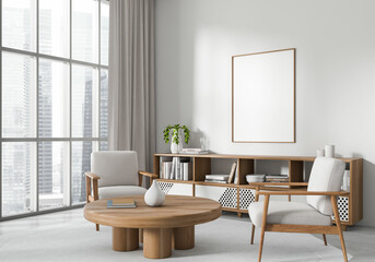 Light meeting room interior with seats and panoramic window, mockup frame