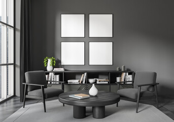 Grey living room interior with seats and panoramic window, mockup frames