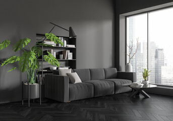 Grey living room interior with couch and panoramic window. Mockup empty wall