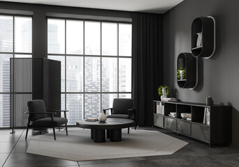 Grey living room interior with armchairs and sideboard, panoramic window