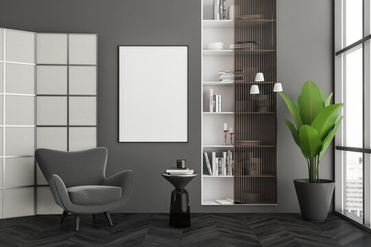 Grey relax room interior with chair and panoramic window, mockup frame