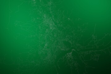 Map of the streets of Bangui (Central African Republic) made with white lines on abstract green background lit by two lights. Top view. 3d render, illustration