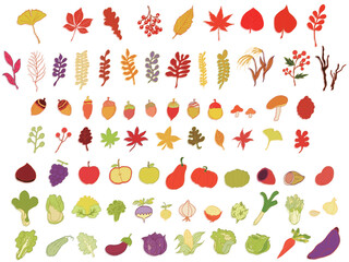 手描 秋 紅葉 食べ物 アイコン イラスト セット