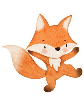 Watercolor cute fox cartoon character 