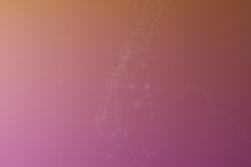Map of the streets of Moroni (Comores) made with white lines on pinkish red gradient background. Top view. 3d render, illustration
