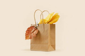 Fall Gift or Sale concept. Shopping buff paper bag, with golden tree leaf. autumn decor. Copy space. Thanksgiving. order delivery