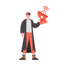 Internet of things concept. The guy is holding a satellite dish in his hands.   Trendy flat style.  .