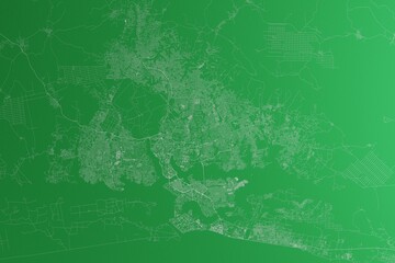Map of the streets of Abijan (Ivory Coast) made with white lines on green paper. Rough background. 3d render, illustration