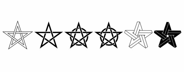 pentagram stars icon set isolated on white background, collection of pentagram stars with different style