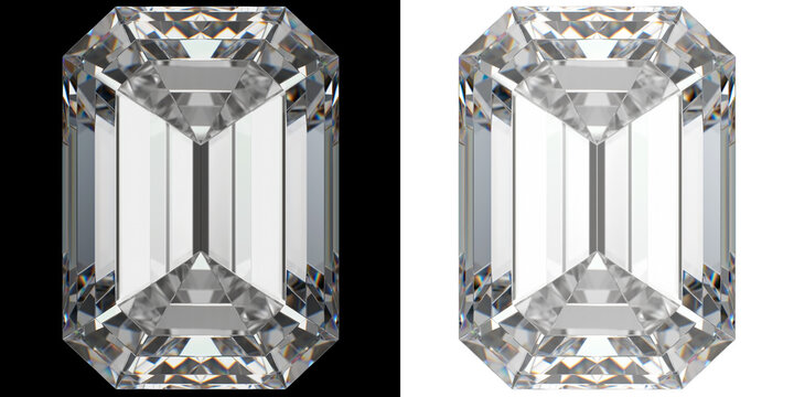 Emerald cut white diamond close view 3D rendering