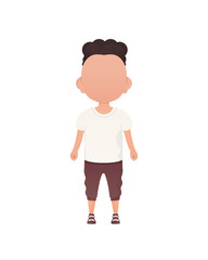 Dark-haired little boy, preschool age in a t-shirt and shorts.   Cartoon style.  .