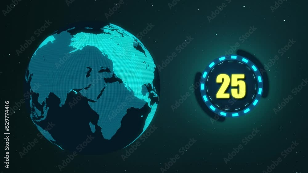 Poster earth launch countdown animation 30 seconds. earth 360-degree rotating animation backdrop particles 