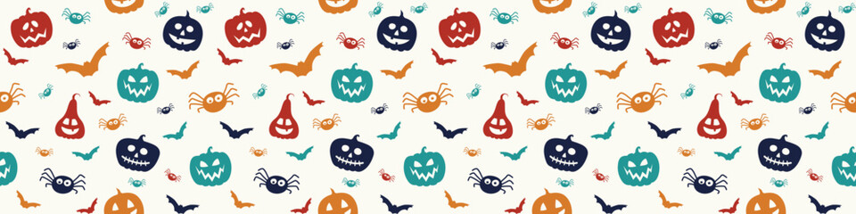 Design of Halloween pattern with funny pumpkin lanterns, bats and spiders. Banner. Vector