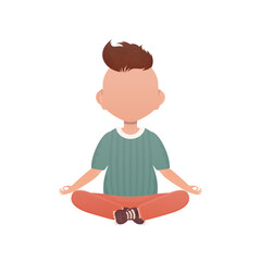 Little boy is sitting yoga.   Cartoon style.