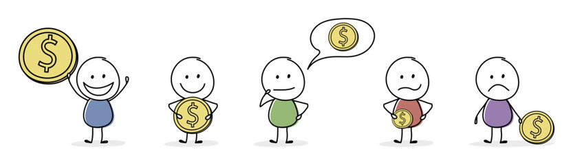 Funny stickman with dollar. Money saving concept. Icon set. Vector