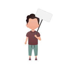 A cute little boy with a blank sign.     in cartoon style.