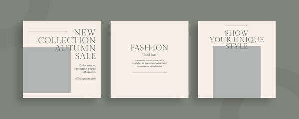 Set of editable templates for Instagram post, Facebook square frame, fashion sale, stylish, autumn, brand, hiring, advertisement, and business promotion, fresh design with minimalist vector (2/3)