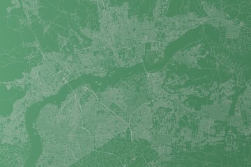 Stylized map of the streets of Bamako (Mali) made with white lines on green background. Top view. 3d render, illustration
