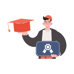 The guy stands waist-deep and holds a diploma.   Element for presentations, sites.