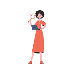 The girl stands in full growth holding a computer and a magnifying glass in her hands.   Element for presentations, sites.