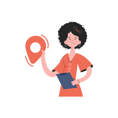 A woman stands waist-deep and holds a location icon in her hands.   Element for presentations, sites.