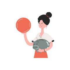 A woman is waist-deep holding a coin.   Element for presentations, sites