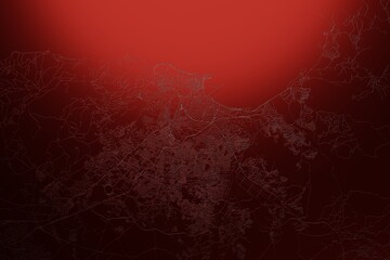 Street map of Tangier (Morocco) engraved on red metal background. Light is coming from top. 3d render, illustration