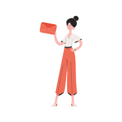 A woman stands in full growth holding an envelope in her hands.   Element for presentations, sites.