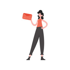 A woman stands in full growth holding an envelope with a letter.   Element for presentations, sites.