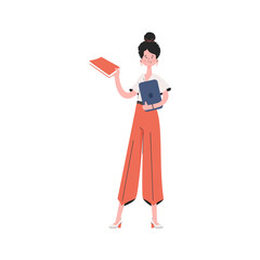 A woman stands in full growth with a book.   Element for presentations, sites.