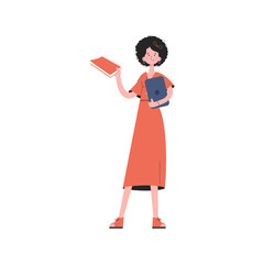 A woman stands to her full height and holds a textbook in her hands.   Element for presentations, sites.