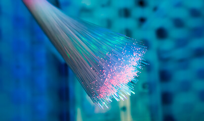 optical fibres dinamic flying from deep on technology background