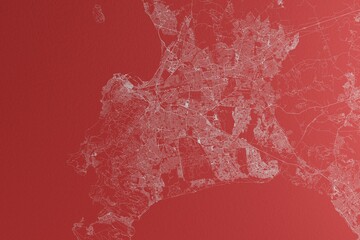 Map of the streets of Cape Town (South Africa) made with white lines on red paper. Top view, rough background. 3d render, illustration