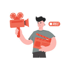 A man stands waist-deep, holding a movie clapperboard and a video camera.   Element for presentations, sites.