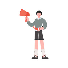 A man stands in full growth and holds a loudspeaker in his hands.   Element for presentations, sites.