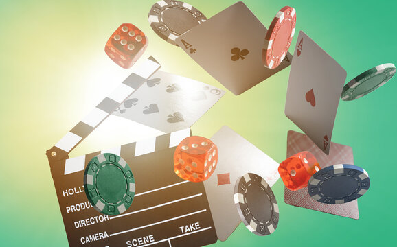 Casino, gamling and entertainment theme. Poker chips, cards and dice games.