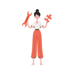 A woman stands in full growth and holds a wrench in her hands.   Element for presentations, sites.