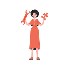 A woman stands in full growth with a puzzle in her hands.   Element for presentations, sites.