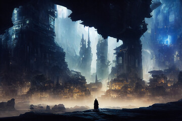 Silhouette of a man entering in an epic dwarf city inside a mountain, high fantasy background, digital illustration - obrazy, fototapety, plakaty
