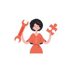 A woman stands waist-deep holding a wrench and a puzzle.   Element for presentations, sites.
