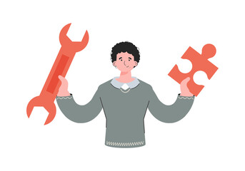 A man stands waist-deep with a puzzle in his hands.   Element for presentations, sites.