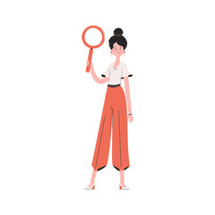 A woman stands in full growth and holds a magnifying glass in her hands.   Element for presentations, sites.