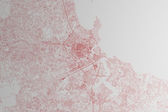 Map of the streets of Dar Es Salaam (Tanzania) made with red lines on white paper. 3d render, illustration