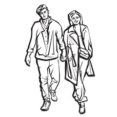 Fototapeta na wymiar Woman and man on a walk. Sketch of the young couple. Ink drawing