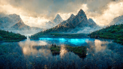 Dawn over mountain lake