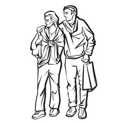 Fototapeta na wymiar Happy couple hugging and walking. Ink drawing. Vector illustration