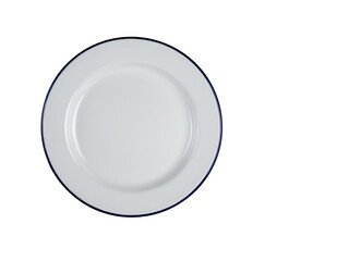 blue rimmed white enamel plate
